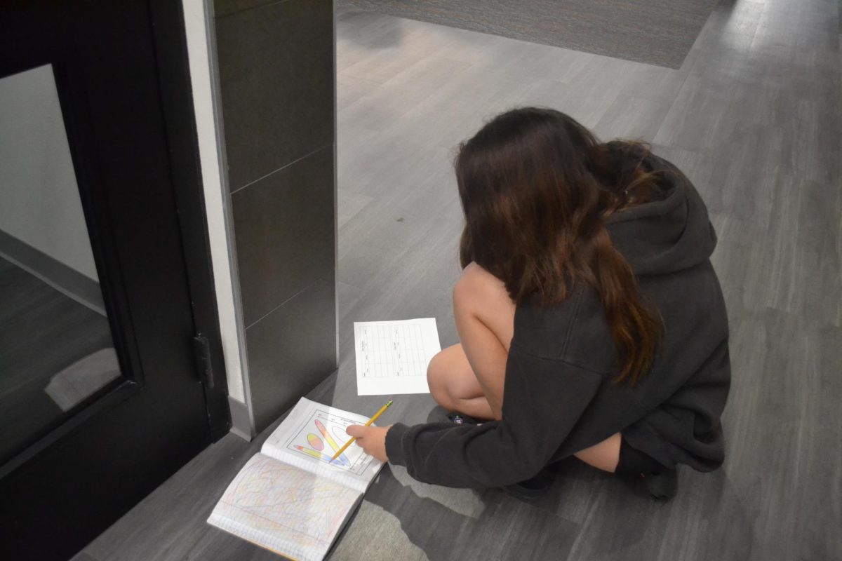Working on it! Sitting on the floor and working on science is 8th grader Paige Flanagan. She is working on galaxies and star scavenger hunts, outside of classrooms. Science is my favorite subject, it always has been. Flanagan says. 