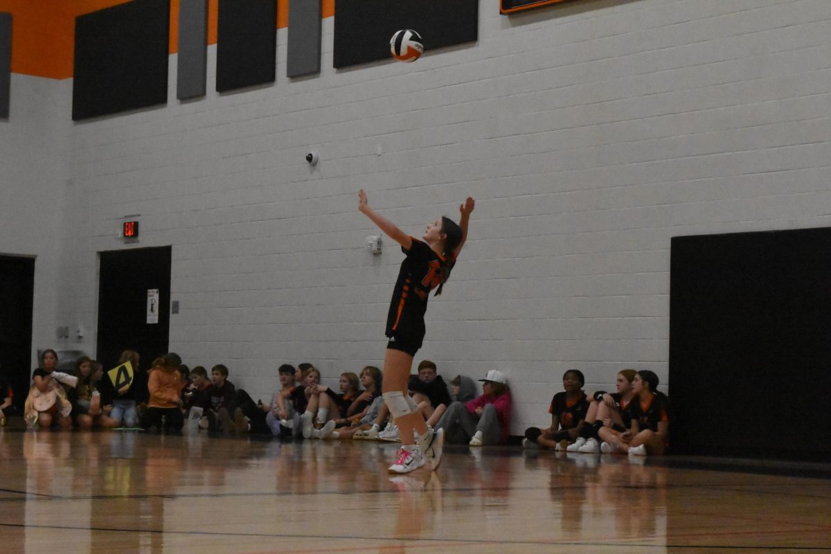 As the last game making sure to win she spikes the ball. As a result of them winning I'd say that that was a great hit.