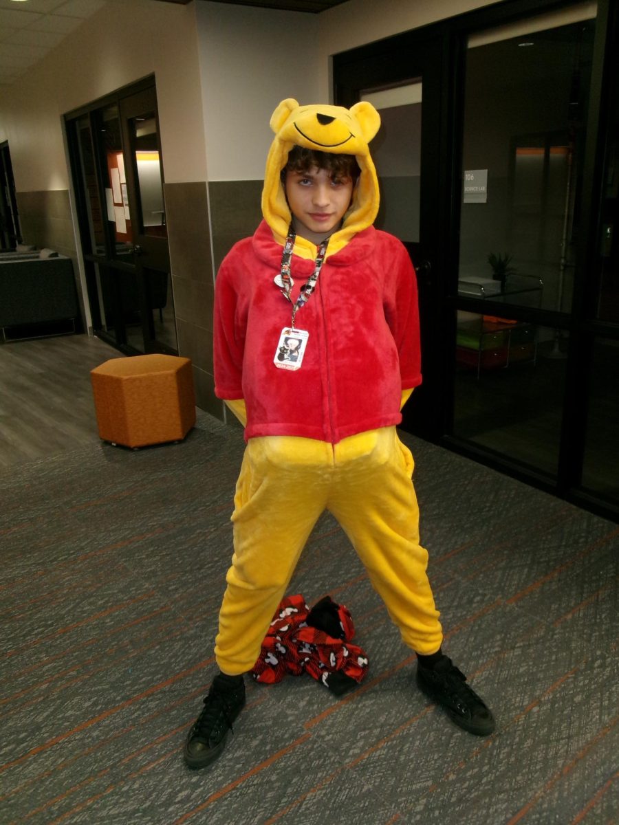 Pooh-Jamas! Elijah Poe, 8, wears his Winnie the Pooh pajamas on Oct. 30 during Red Ribbon Week. Poe was one of the many students who wore their PJs to sleep on drugs. “Drugs can be really harmful to a lot of people and it kills a lot of people,” Poe said.