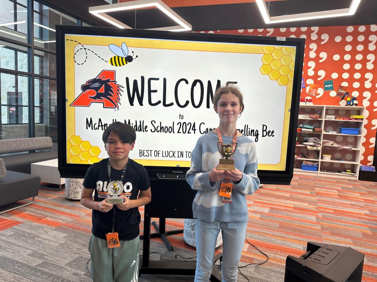 Bee-lieve It or Not: Spelling Stars Shine bright. On December 12, eighth grader Harper Poage  places first  in the spelling bee, with sixth grader Collin Wack as runner up. Students in all grades participated in a class spelling bee in order to advance to the next level. 
Courtesy photo